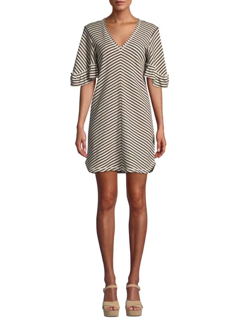 SEE BY CHLOE Striped Flutter-Sleeve V-Neck Short
Dress